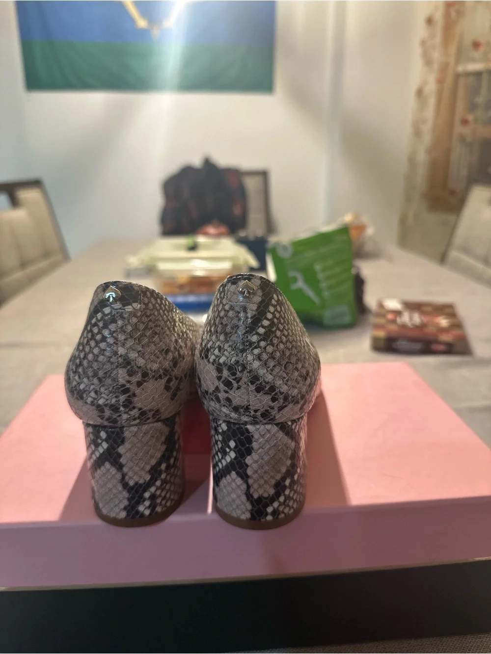 Snake-Skin Block Heel Pumps in Black and Gray
